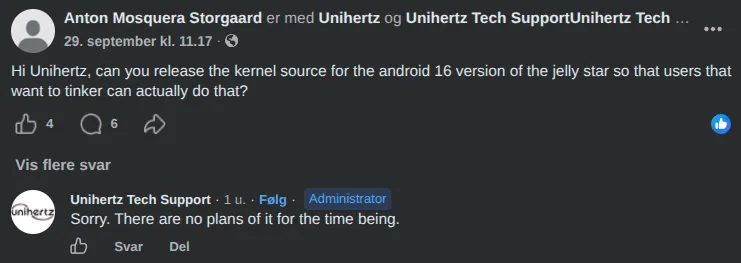 My question asking Unihertz to release the kernel source for the Android 16 version of the Jelly Star, and Unihertz Tech Support's reply: "Sorry. There are no plans of it for the time being."